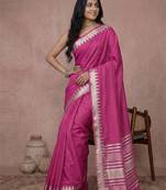 Sutriti women's magenta pure linen saree with gold zari border & blouse piece