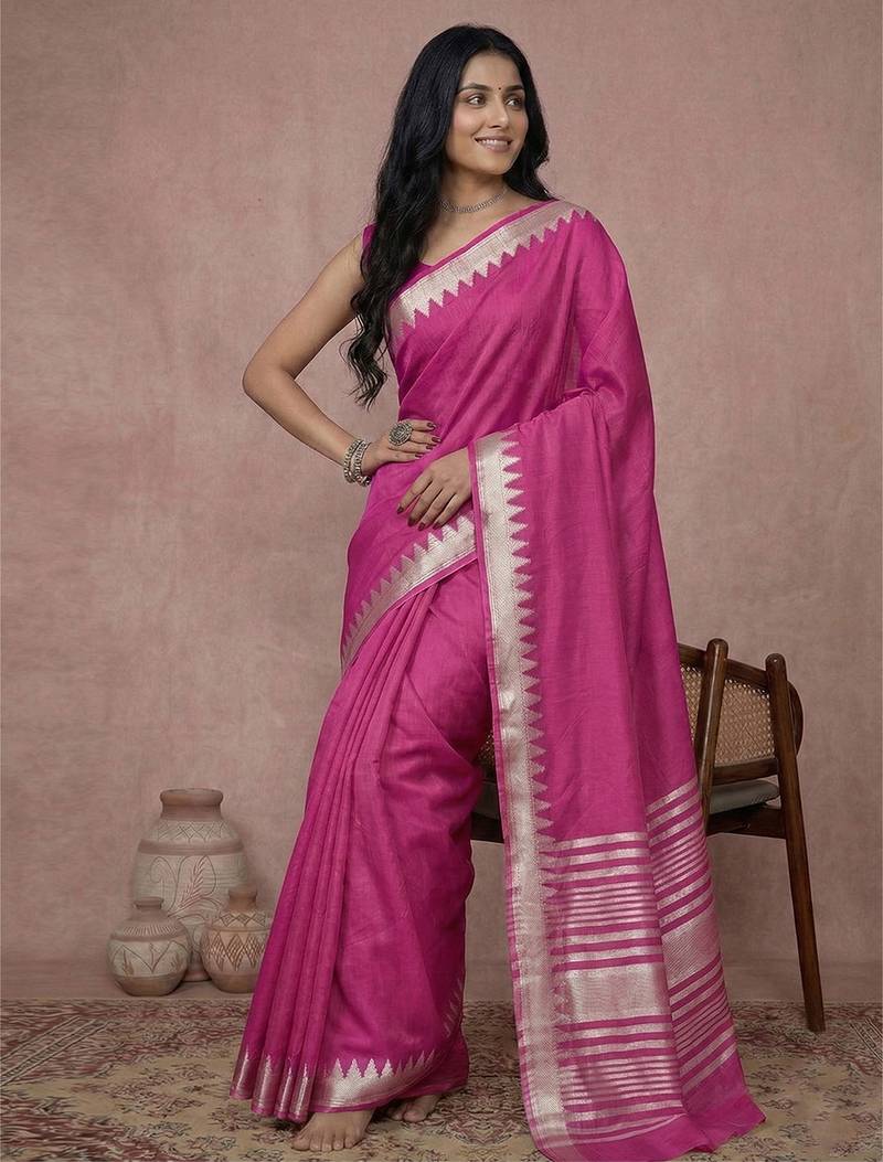 Sutriti women's magenta pure linen saree with gold zari border & blouse piece