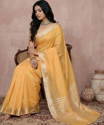 women's mustard yellow pure linen saree with zari border & blouse piece 3