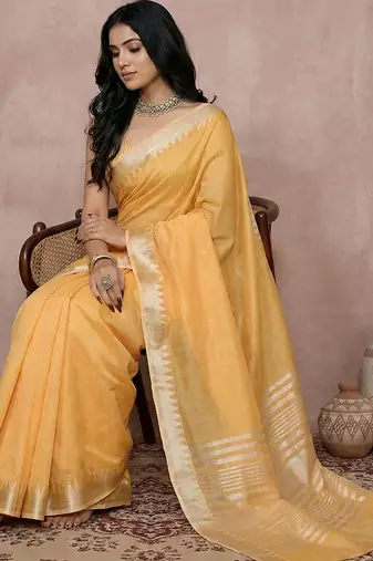 women's mustard yellow pure linen saree with zari border & blouse piece