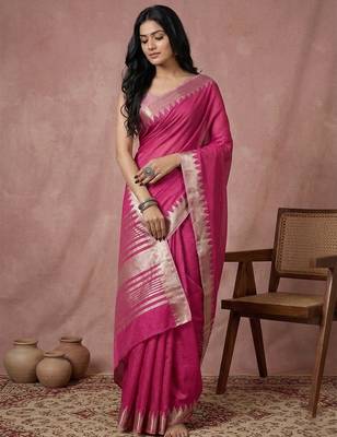 women's magenta pure linen saree with gold zari border & blouse piece 2