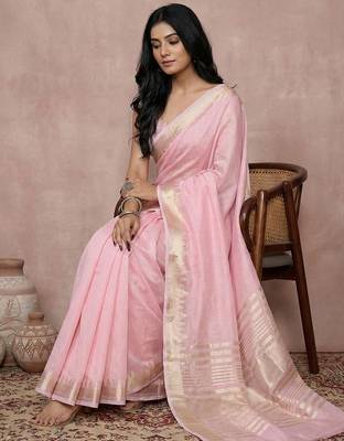 women's pink pure linen saree with zari border & blouse piece 3