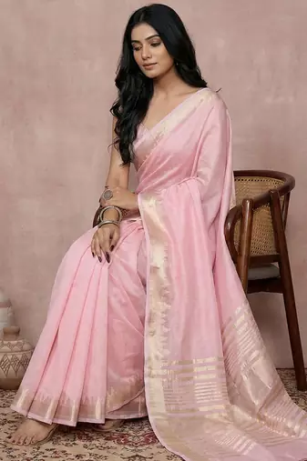women's pink pure linen saree with zari border & blouse piece