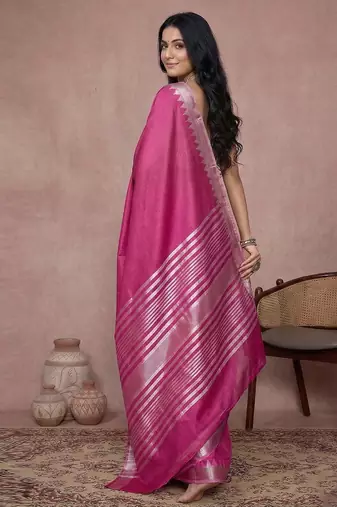 women's magenta pure linen saree with gold zari border & blouse piece