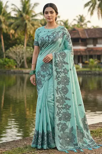 sky blue floral printed saree for women 