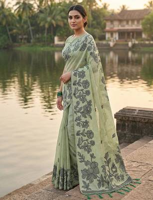 mint green floral printed saree for women  2