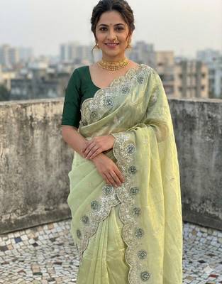 light green color embroidery work gold crush art silk saree  1