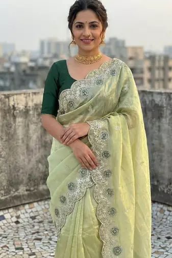 light green color embroidery work gold crush silk saree 