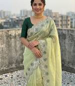 light green color embroidery work gold crush silk saree 