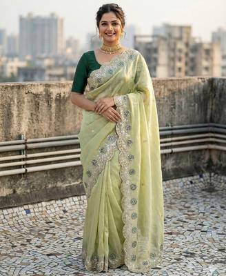 light green color embroidery work gold crush art silk saree  2