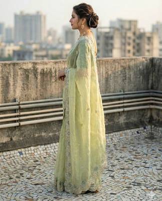 light green color embroidery work gold crush art silk saree  3