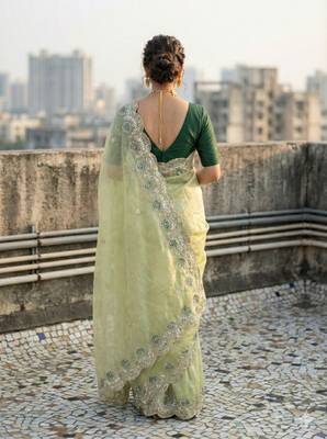light green color embroidery work gold crush art silk saree  4