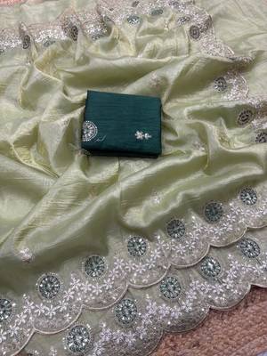 light green color embroidery work gold crush art silk saree  5