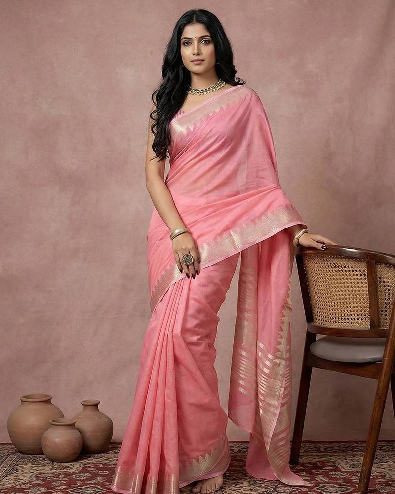 Pink color printed casual wear saree with blouse