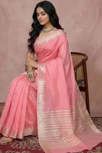 pink cotton saree with floral printed casual patterns