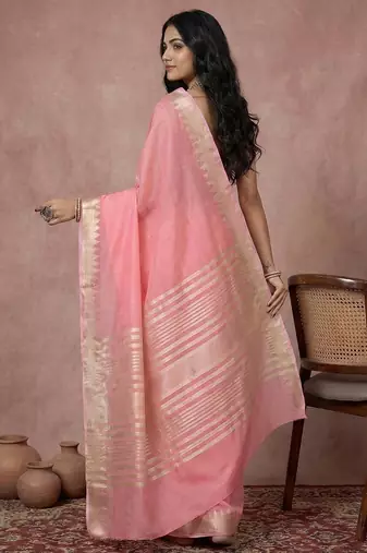 pink cotton saree with floral printed casual patterns