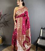 Magenta soft banarasi silk zari weaving saree with matching blouse piece