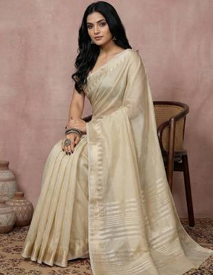 cream cotton saree with printed floral casual designs 2