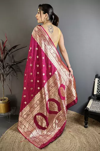 Magenta soft banarasi silk zari weaving saree with matching blouse piece
