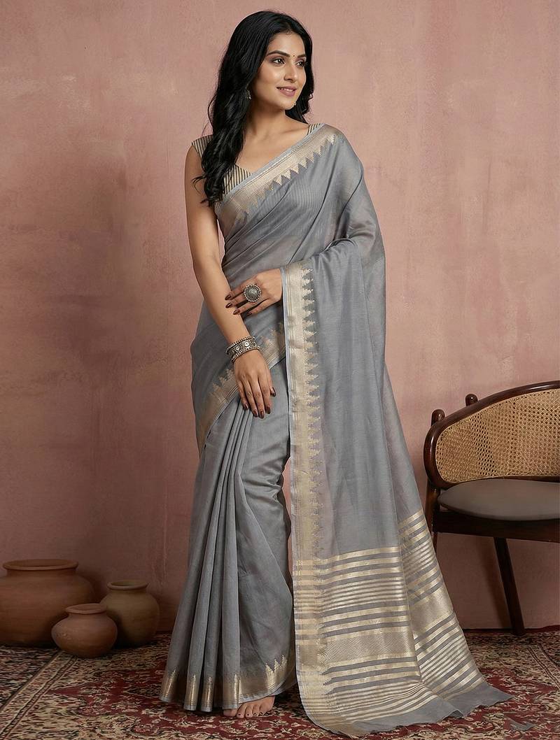 Grey color printed casual wear saree with blouse