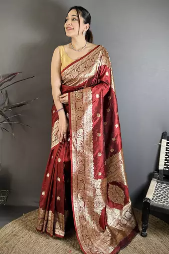 Maroon soft banarasi silk zari weaving saree with matching blouse piece