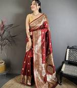 Maroon soft banarasi silk zari weaving saree with matching blouse piece