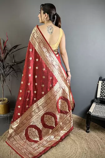 Maroon soft banarasi silk zari weaving saree with matching blouse piece