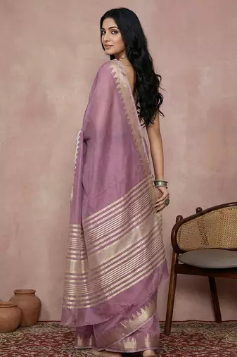 purple cotton saree with printed floral casual designs