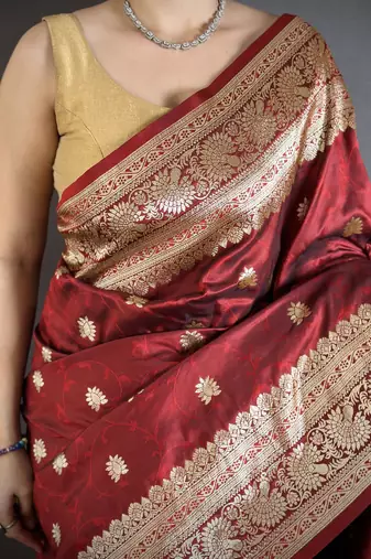 Maroon soft banarasi silk zari weaving saree with matching blouse piece