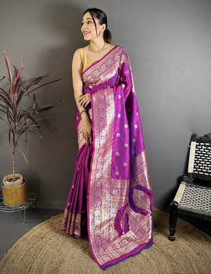 Pink soft banarasi silk zari weaving saree with matching blouse piece 1