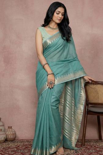 Blue color printed casual wear saree with blouse