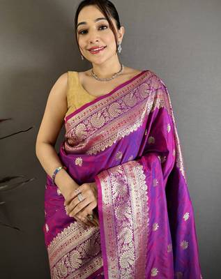Pink soft banarasi silk zari weaving saree with matching blouse piece 4