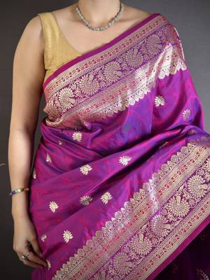 Pink soft banarasi silk zari weaving saree with matching blouse piece 5