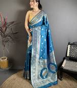Teal soft banarasi silk zari weaving saree with matching blouse piece