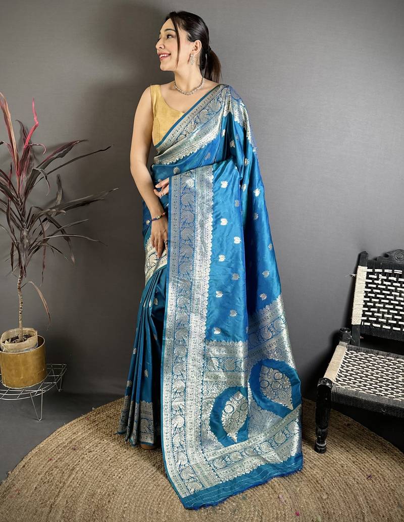Teal soft banarasi silk zari weaving saree with matching blouse piece