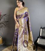 Violet soft banarasi silk zari weaving saree with matching blouse piece