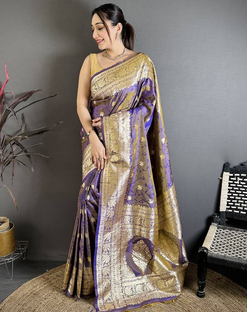 Violet soft banarasi silk zari weaving saree with matching blouse piece