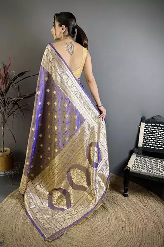 Violet soft banarasi silk zari weaving saree with matching blouse piece