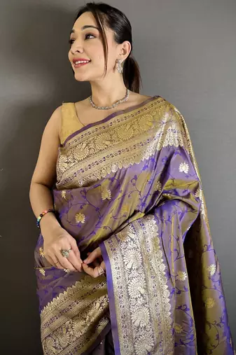 Violet soft banarasi silk zari weaving saree with matching blouse piece