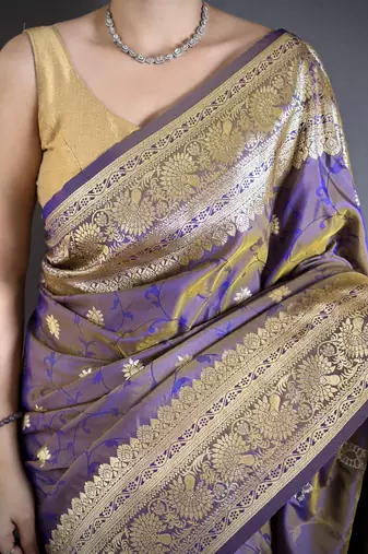 Violet soft banarasi silk zari weaving saree with matching blouse piece
