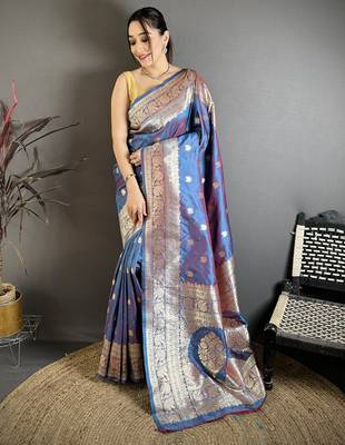 Blue soft banarasi silk zari weaving saree with matching blouse piece 1