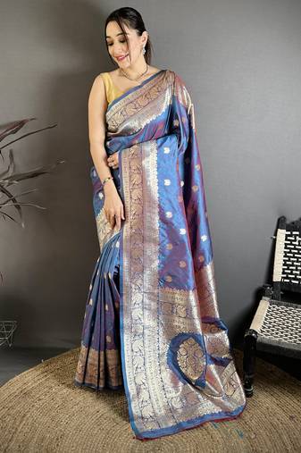 Blue soft banarasi silk zari weaving saree with matching blouse piece