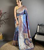 Blue soft banarasi silk zari weaving saree with matching blouse piece
