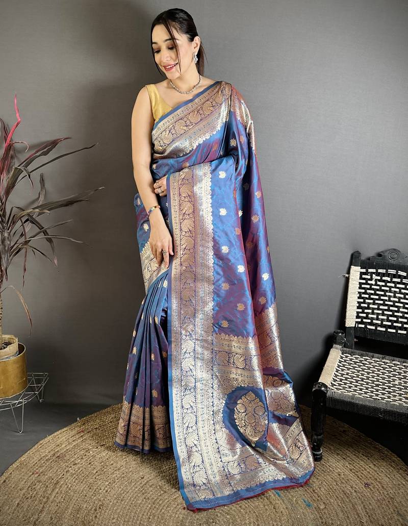 Blue soft banarasi silk zari weaving saree with matching blouse piece