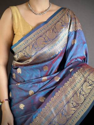 Blue soft banarasi silk zari weaving saree with matching blouse piece 5
