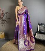 Purple soft banarasi silk zari weaving saree with matching blouse piece