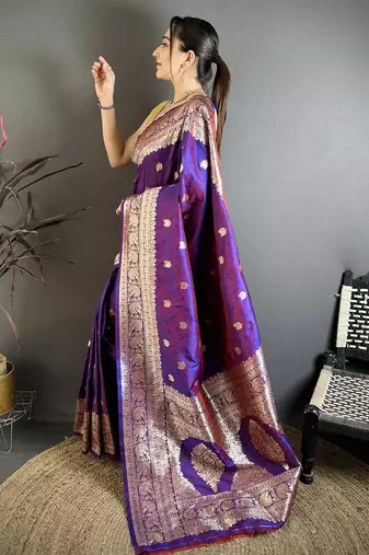 Purple soft banarasi silk zari weaving saree with matching blouse piece