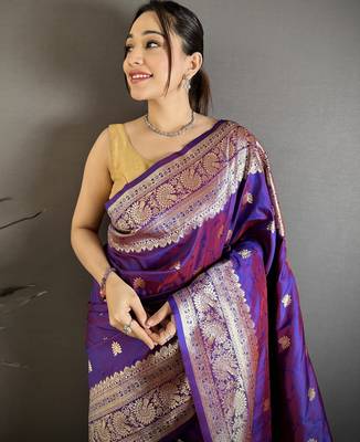 Purple soft banarasi silk zari weaving saree with matching blouse piece 4