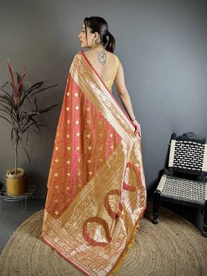 Rust soft banarasi silk zari weaving saree with matching blouse piece 2