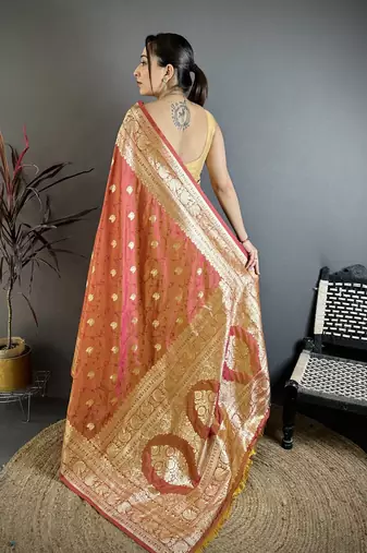 Rust soft banarasi silk zari weaving saree with matching blouse piece
